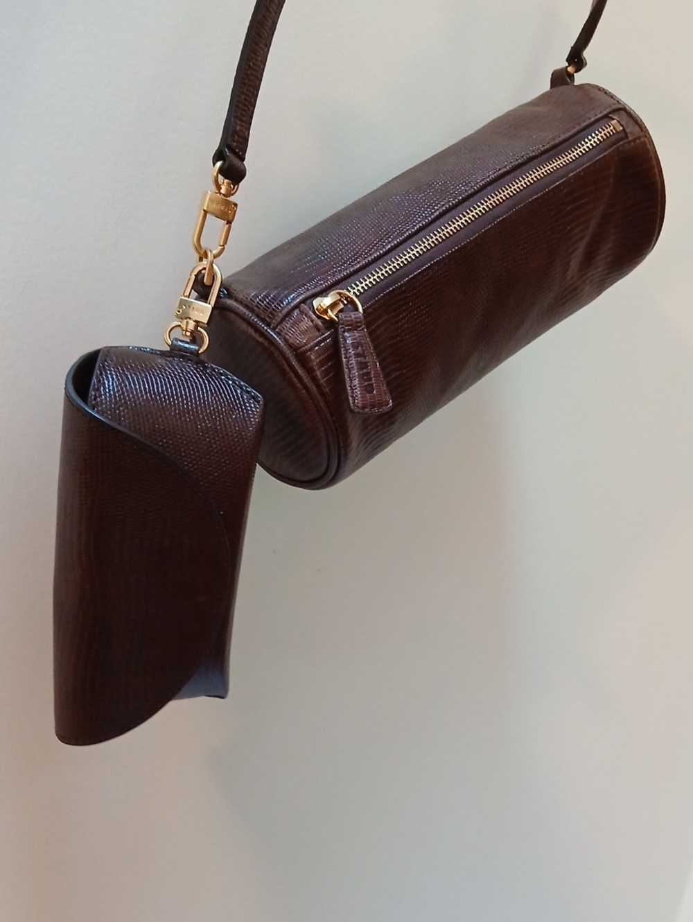 STAUD Susy Lizard Embossed Leather Barrel Shoulder Bag